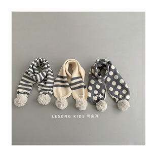 South Korea Ins Style Children's Autumn and Winter Wool Knitted Scarf Grey Girls' Western Style Wool Ball Warm-Keeping Scarf for Men