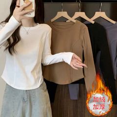 260グラムのねじの徳の絨毯の不規則な正肩の長袖のtシャツの女性の秋冬の復古の短い金の上で服を着て底のシャツを修理します。
