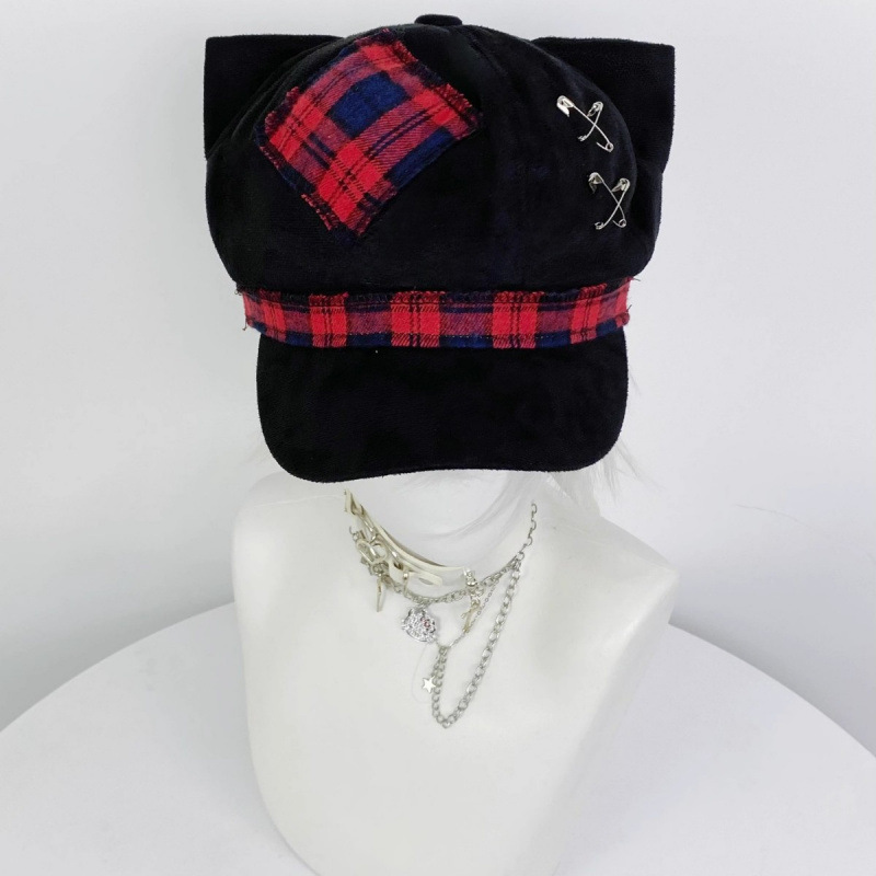 New Plaid Patch Paperclip Cat Ear Baseball Cap Cute Paperclip Sweet Cool Style Casual Versatile Duckbill Cap