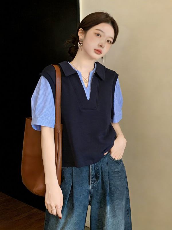 Áo sơ mi polo nữ tay ngắn cổ bẻ vai giả hai lớp form rộng — Màu ảnh