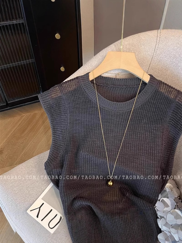 ノースリーブハイウエストレースアップ小さなフライングスリーブニットTシャツ女性用2025夏の新しいデザインの優しい気質トップ|undefined