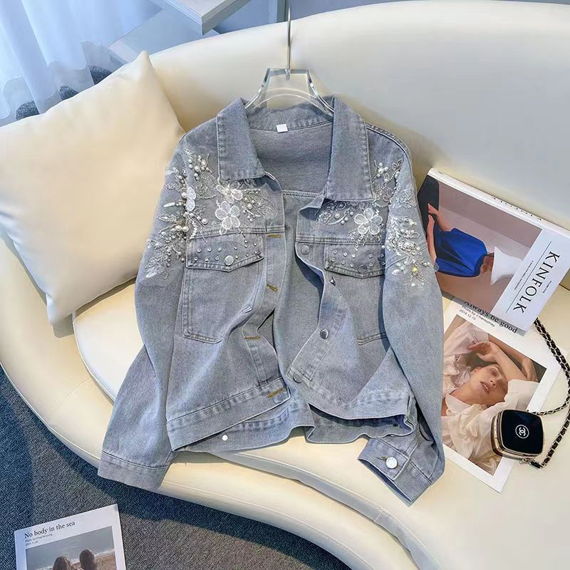 Three-Dimensional Decorative Denim Jacket for Women, Spring and Autumn 2025 New Style, Loose and Versatile Jacket, Beaded Heavy-Duty Denim Clothing