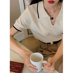 美式polo领上衣正肩短款学院风冰丝针织短袖T恤女夏季薄款宽松型