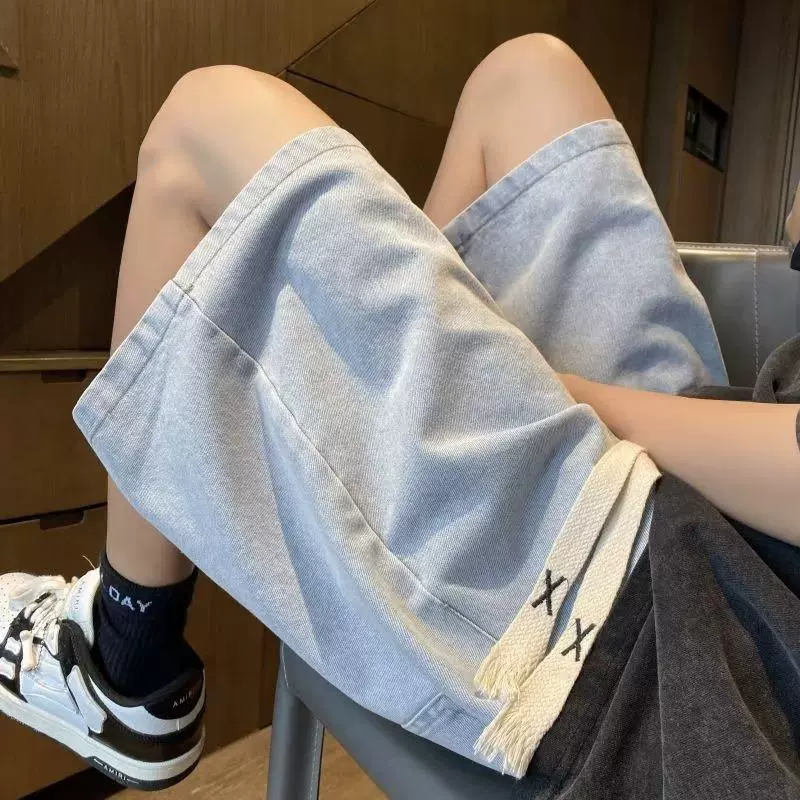 Мужские джинсовые шорты в корейском стиле, лето 2025, свободный крой, студенческий тренд, бренд BF, светло-голубые, средний размер, для зарубежной торговли.