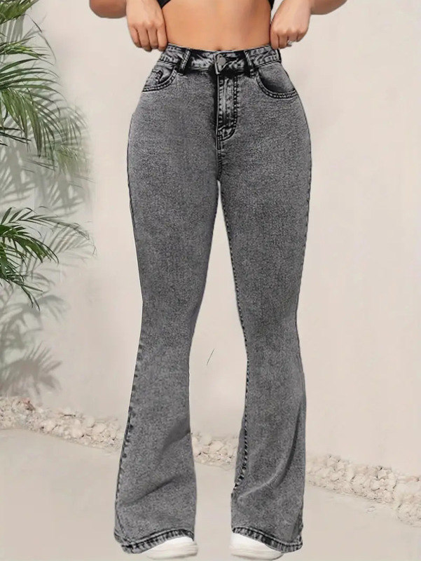 ヨーロッパとアメリカの貿易 AliExpress ダークグレーの女性のジーンズスリムフィット多機能デザインミッドウエストデニムフレアパンツ|undefined