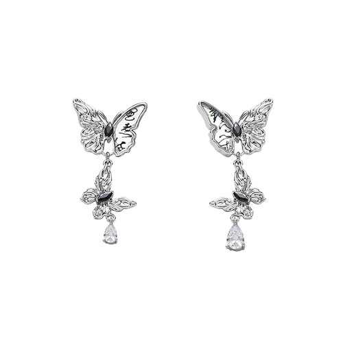New Chinese-style painted butterfly long pendant earrings for women, wholesale, retro luxury, 925 silver needle earrings, light luxury trendy earrings