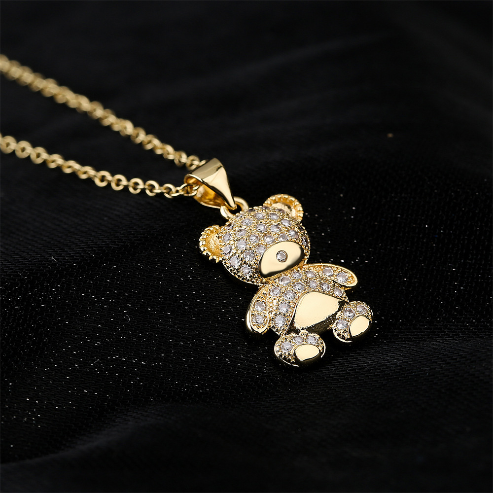 European and American copper micro-inlaid zircon bear pendant golden necklace