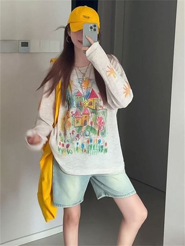 原版面料防晒复古涂鸦印花长袖T恤女夏季宽松薄款中长款罩衫上衣|undefined