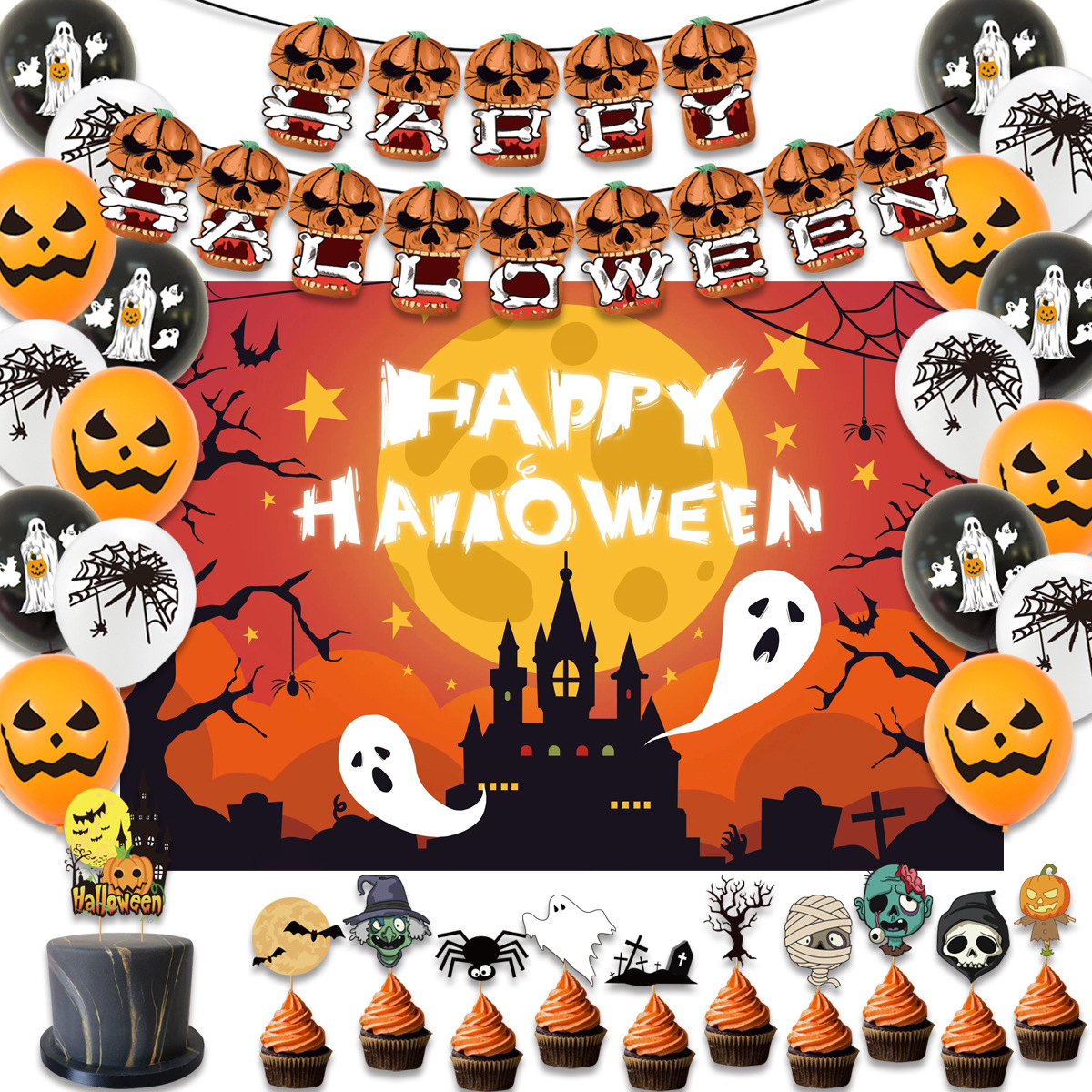 Bannière d'Halloween, ballon, gâteau, insertion, tissu, ensemble, citrouille, sanglante, décoration de fête d'Halloween_voghion.com