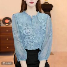 2026新款蓝色蕾丝套头雪纺衫女时尚显瘦上衣女宽松碎花圆领衬衫女