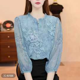 2026新款蓝色蕾丝套头雪纺衫女时尚显瘦上衣女宽松碎花圆领衬衫女