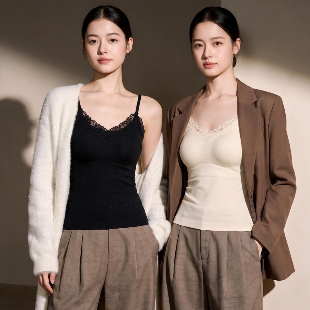 Autumn and winter Lyocell V-neck lace thermal camisole with built-in bra cups, slimming and fleece-lined base layer