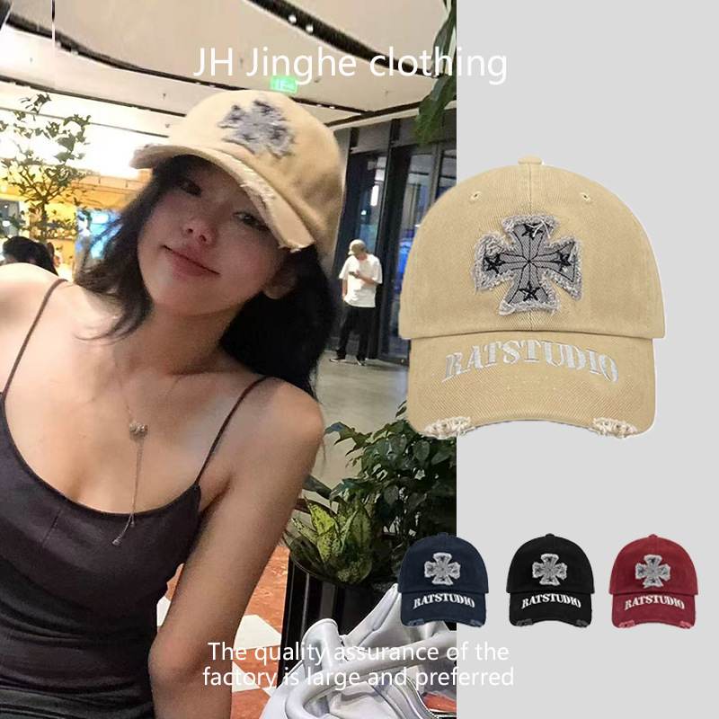 新款潮牌十字破洞棒球帽子女时尚街头休闲字母刺绣鸭舌帽遮阳帽男|undefined