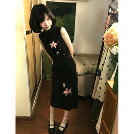新中式百合刺绣旗袍连衣裙子女复古修身无袖改良版中长裙图片色