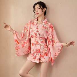 厂家直发情趣内衣日系印花开襟粉色家居性感诱惑和服套装表演服代