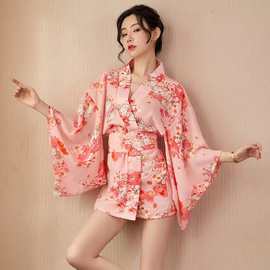 情冉情趣内衣日系印花开襟粉色家居性感诱惑和服套装表演服代发