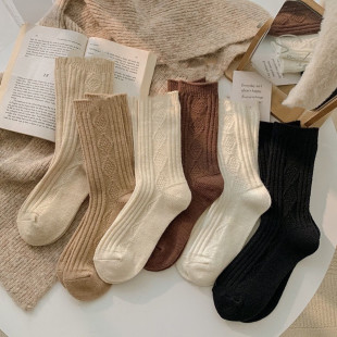 Women's Wool Socks Autumn and Winter Thickened Warm Mid-length Socks Solid Color Double Needle Cashmere Japanese-style Rhombus Plaid Stockings