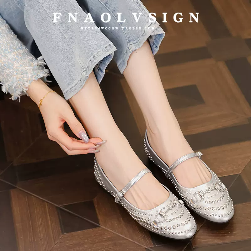 8058-16 复古玛丽珍女鞋新款浅口镶钻一字带搭扣凉鞋圆头平底单鞋