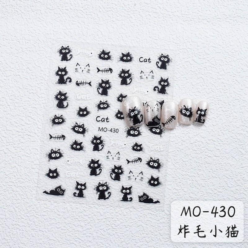 可爱炸毛小猫美甲贴手绘黑白潦草猫咪图案卡通涂鸦薄韧指甲贴装饰|undefined