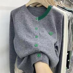 秋冬新款韩版爱心拼色贴布宽松打底长袖毛针织衫开衫上衣女装