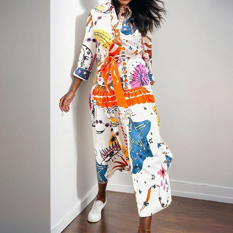Women's Fashion Quirky Painted Pattern Design Side Slit Printed Long Sleeve Dress_ecoleips.com