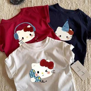 Pure Cotton Kidsren's Summer Short-Sleeved T-Shirt New Style Round Neck Cartoon Half-Sleeved Top for Boys and Girls Baby Kt Cat Shirt