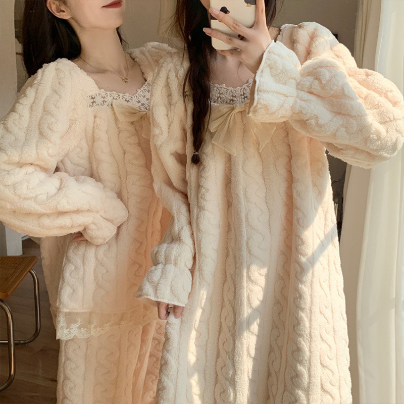 파자마 여성 겨울 두꺼운 따뜻한 플란넬 요정 달콤한 긴 나이트드레스 긴팔 산호 양털 공주 스타일 홈 의류