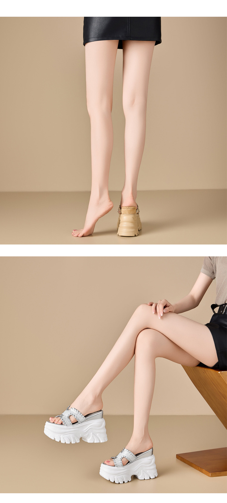 Dép sandal nữ đế dày 12 cm quai chữ H bện da — Trắng bạc chi tiết 4