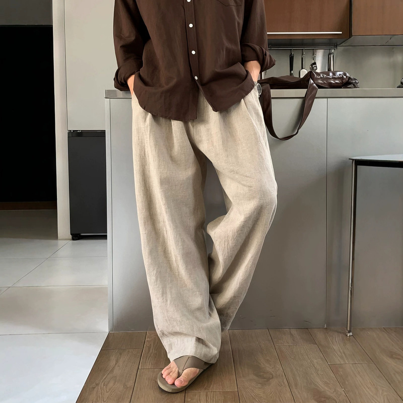 Khaki lightweight linen casual pants for men, summer travel, cotton-linen old money style straight-leg breathable long pants