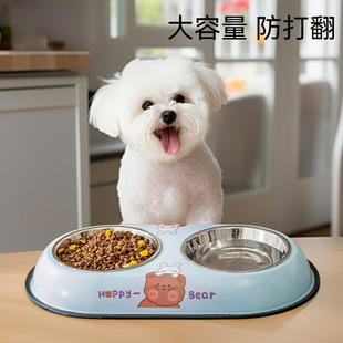 Dog cartoon bear printed stainless steel double bowl dog bowl anti-knock cat bowl pet bowl rice bowl dog supplies wholesale