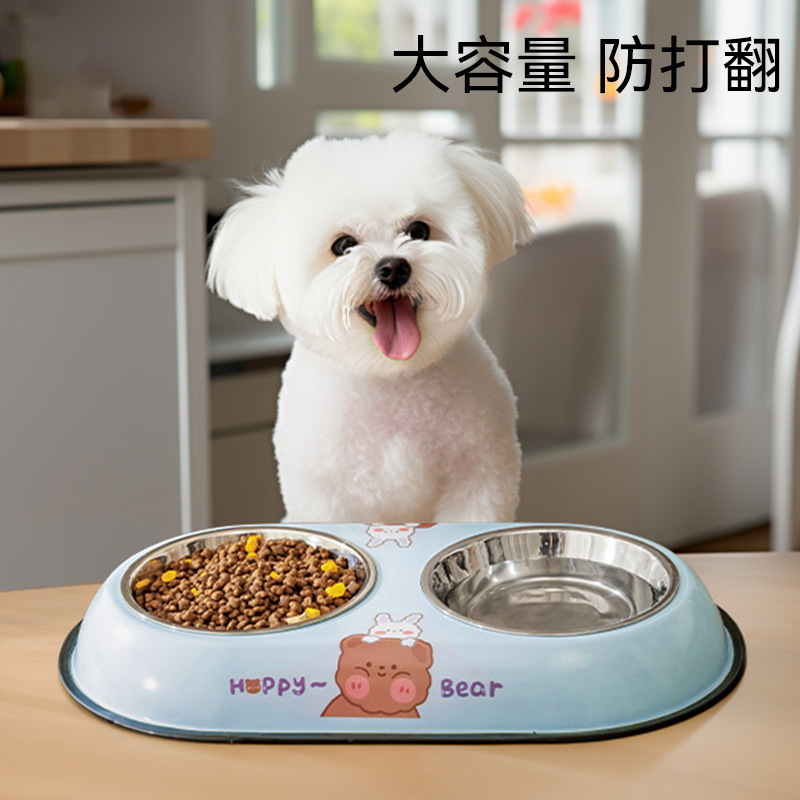 Perro de dibujos animados oso impreso de acero inoxidable doble tazón perro tazón antidetonante gato tazón para mascotas tazón de arroz perro suministros al por mayor