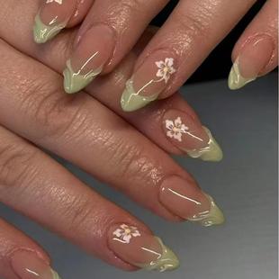 Cross-Border Hot-Selling European and American Style Green 3D Stereo Water Drop Small Flower Wearable Nails 24 Pieces Boxed Factory Direct Sale