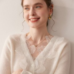 设计感!山羊绒开衫女秋冬V领叶子雷丝花边针织打底衫上衣气质毛衣