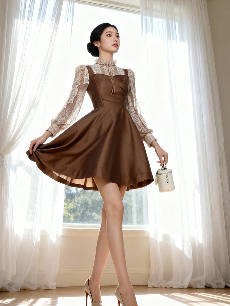Đầm ren chắp vá cổ điển nữ thắt eo mùa xuân với váy phồng — kaki