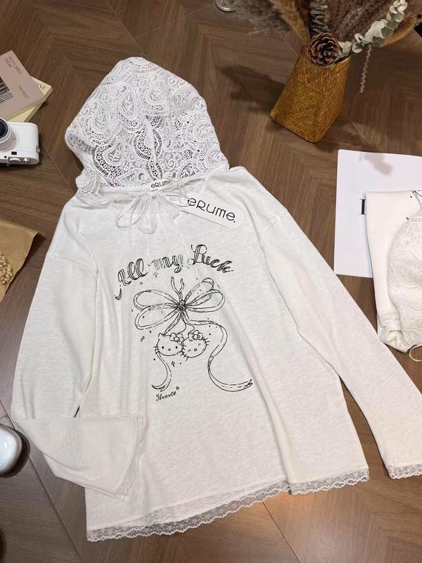 韩代款erum蕾丝连帽樱桃KT猫印花长袖t恤女秋季宽松减龄防晒上衣|undefined