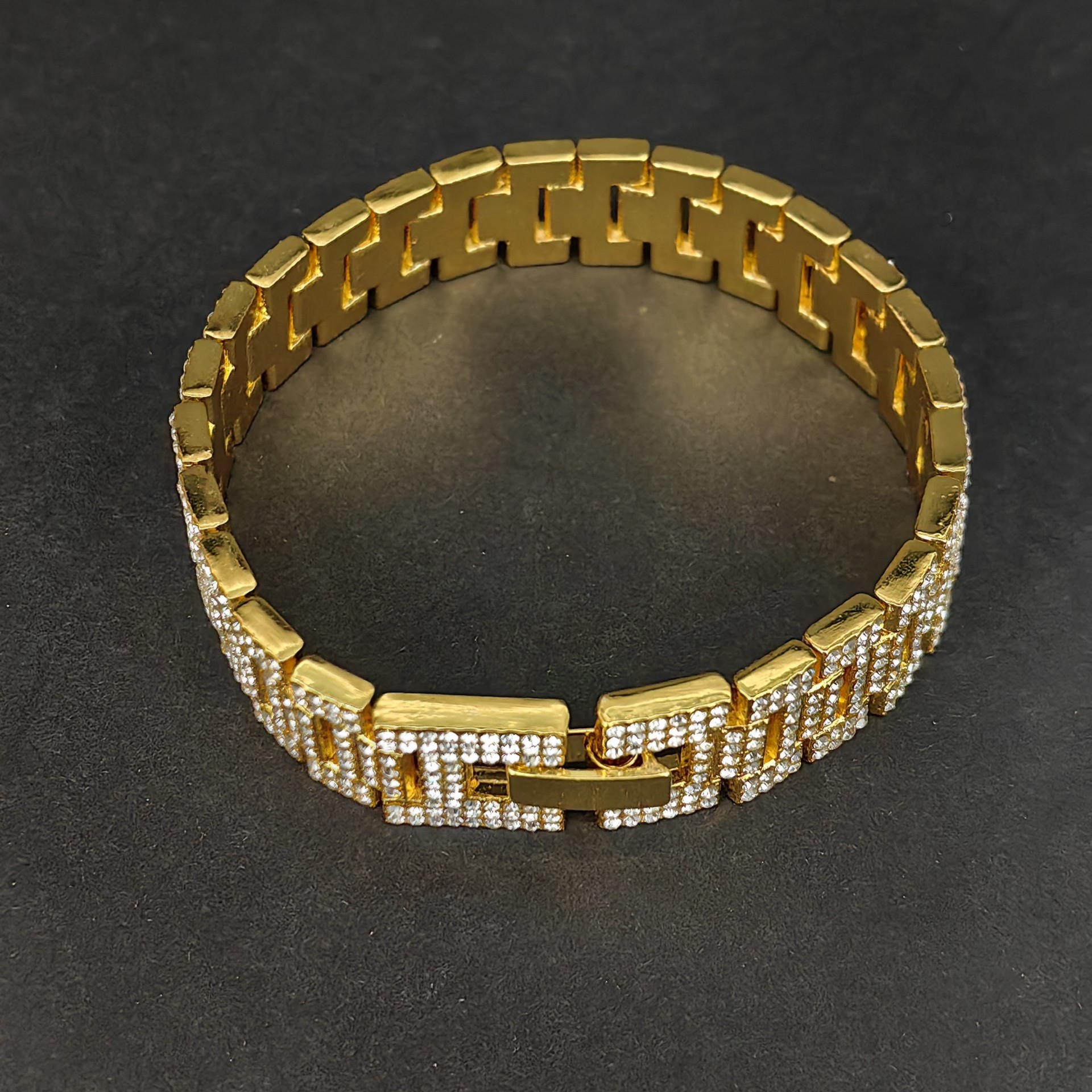 Hip hop style design 17mm wide diamond inlaid watch alloy Cuban bracelet ankle chain jewelry_voghion.com