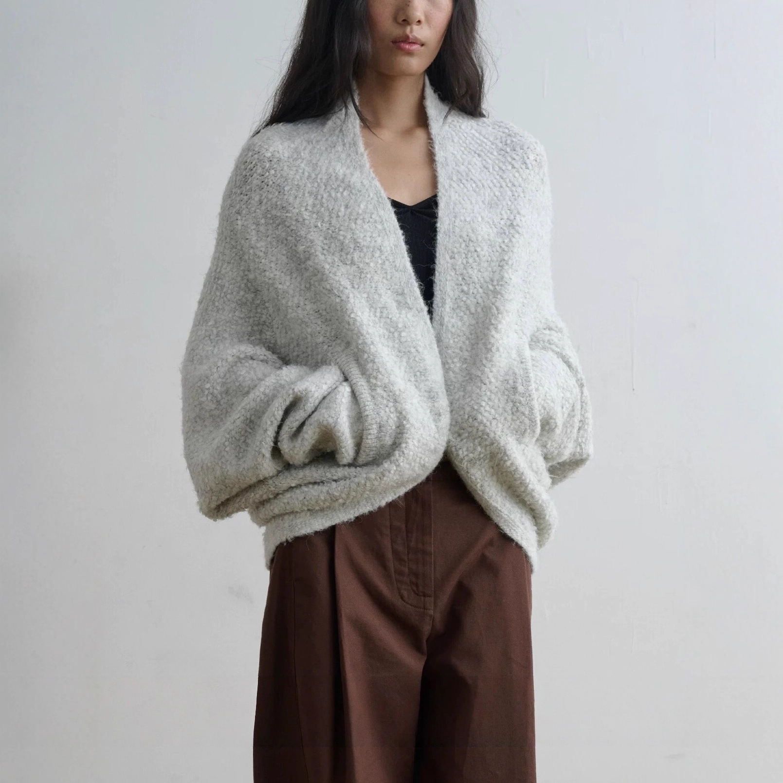 Looped Wool Structure Silhouette Thick Knitted Cardigan Jacket Bat Sleeve Versatile Commuter Top