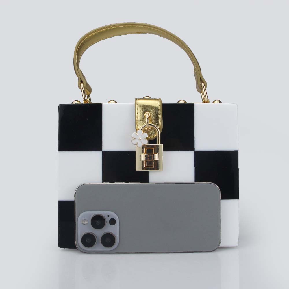Trendy Korean-Inspired Checkerboard Acrylic Box Bag – Versatile Shoulder & Crossbody Clutch With Lock Closure_voghion.com