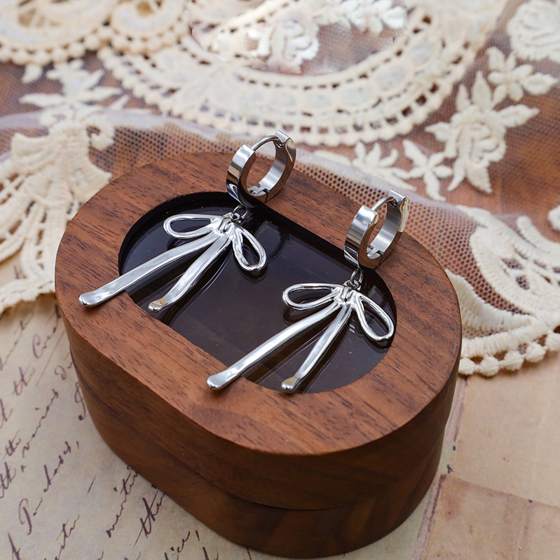 Steel Color Stainless Steel Bow Earrings