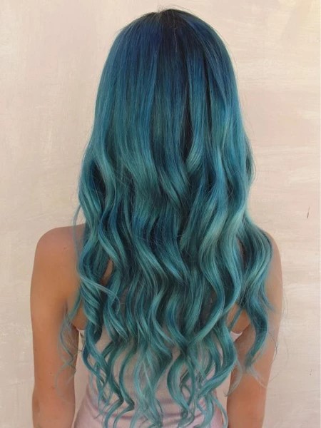 Perruque synthétique mi-longue pour femmes, cheveux bouclés, frange longue, bleu, couleur mixte, mécanisme en fibre synthétique, filet rose, ensemble tête complète_voghion.com