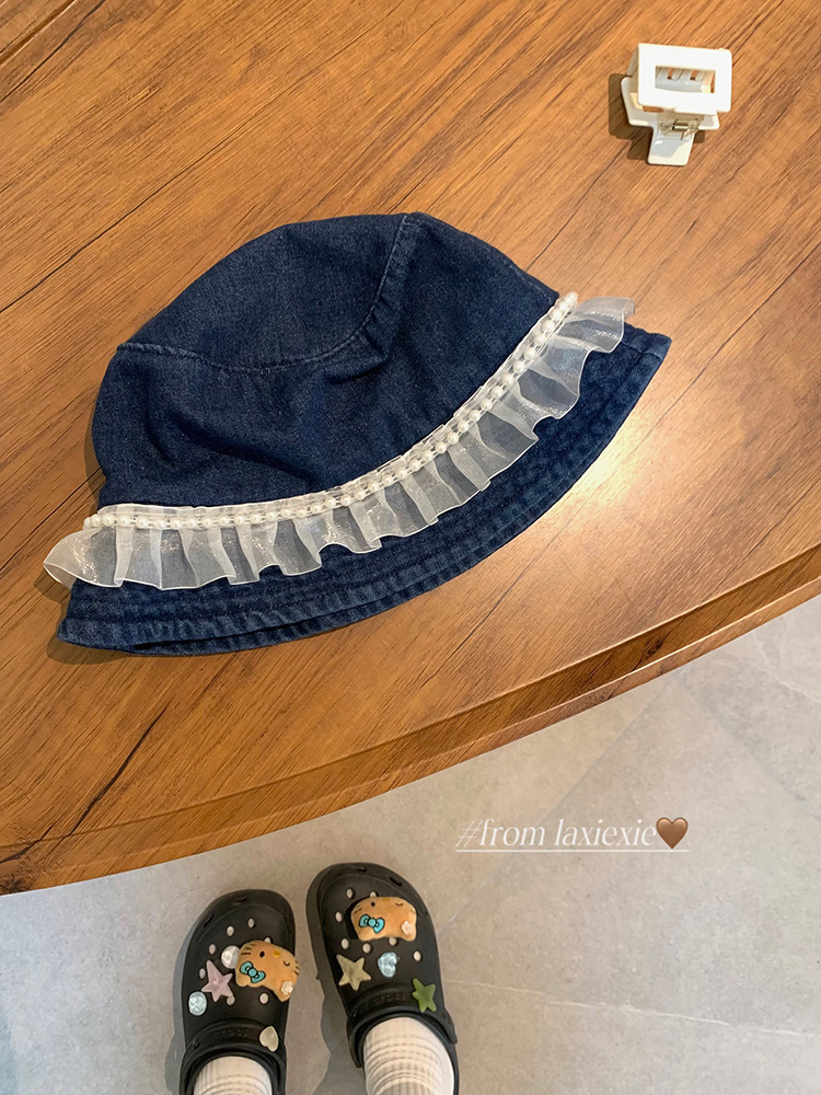 Ballet de encaje sombrero de vaquero sombrero de pesca de hadas perlas primavera y otoño protección solar versátil sombrero de balde para mujeres