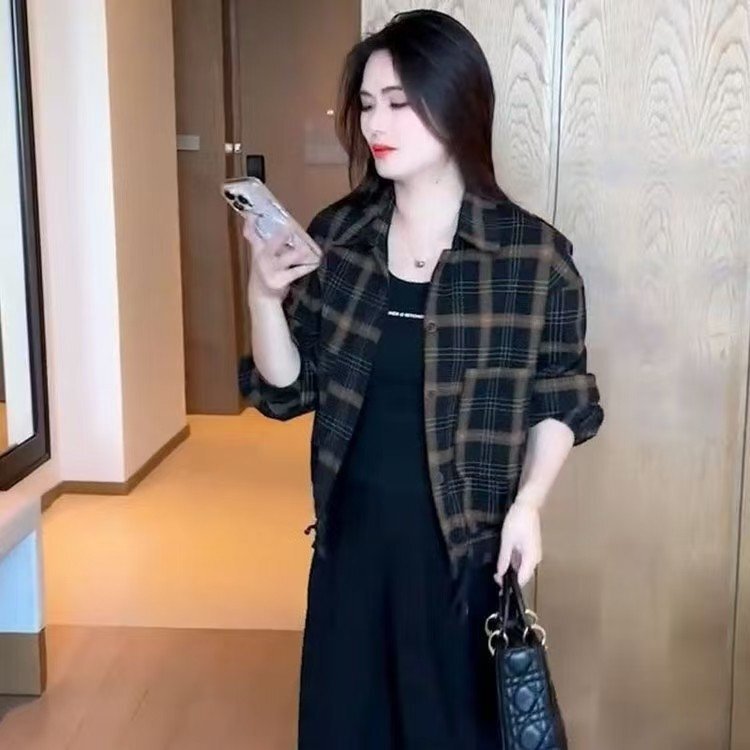 一件代发直播爆款时尚短外套女2025春秋新款显瘦格子衬衫长袖上衣|undefined