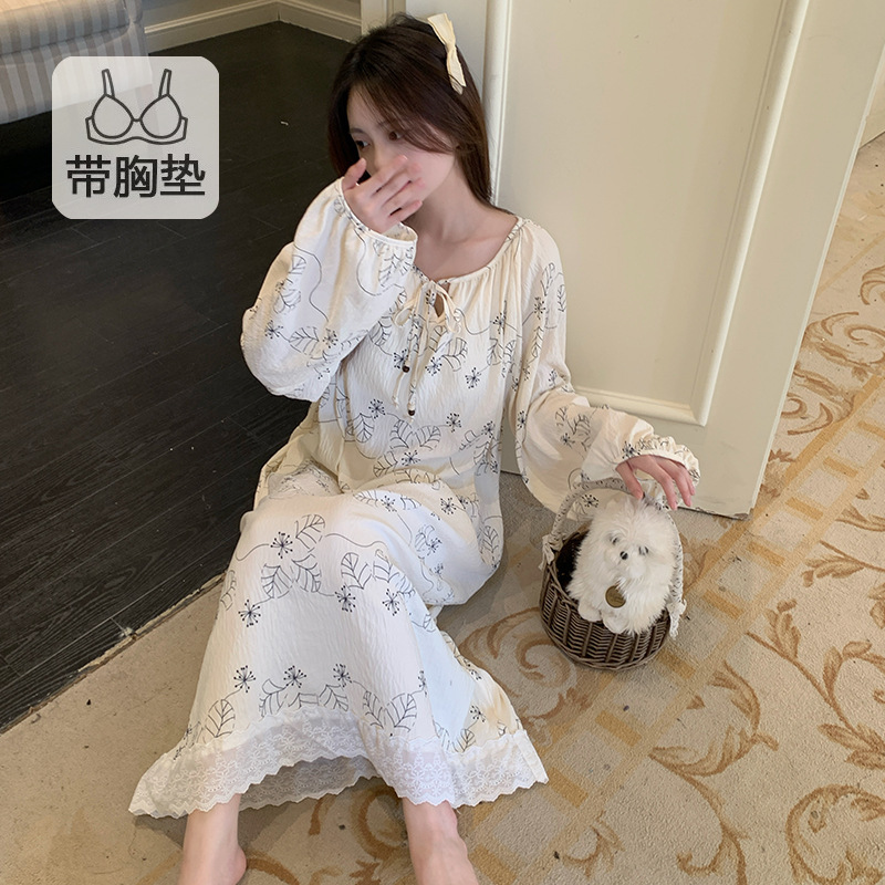 公主风睡裙女带胸垫春秋季甜美宽松云朵棉大码睡衣裙家居服可外穿|undefined