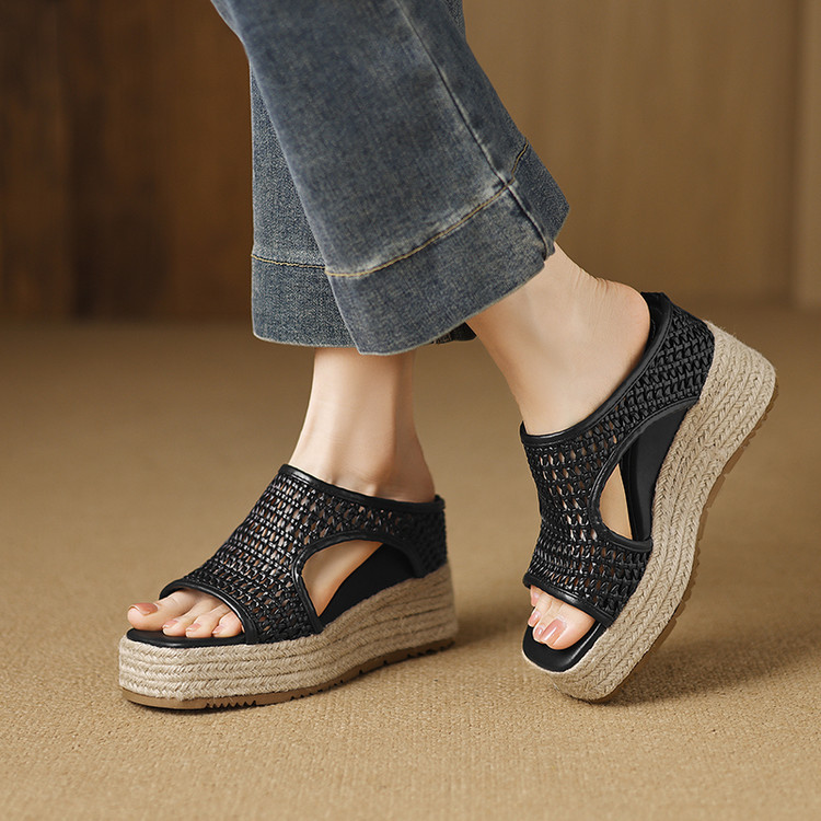 Dép sandal nữ đế dày miệng cá rỗng phong cách mùa hè, đế tăng chiều cao dây gai dầu — đen, trắng