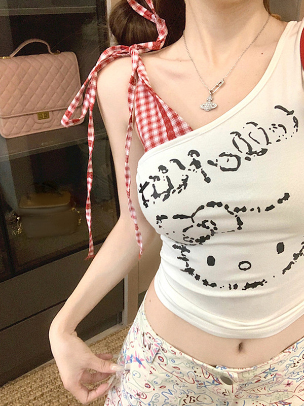白い格子はkittyの肩のベストtシャツの女性の夏のデザイン感をつなぎ合わせます。|undefined