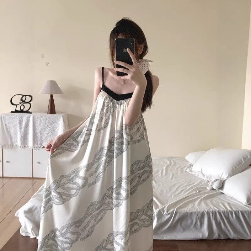 Sexy Women's Pajamas with Ice Silk, Chest Pad, Loose V-Neck Camisole Nightdress, Long Over-The-Knee Chinese Style Silk Loungewear