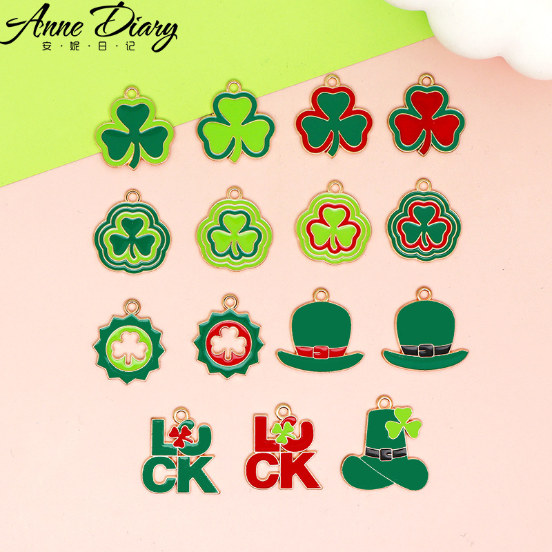 三叶草爱尔兰节DIY合金滴油饰品配件LUCK礼帽耳环挂件吊坠发饰