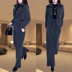 单/套装 时尚套装女冬季新款洋气质千鸟格加绒加厚阔腿裤两件套潮