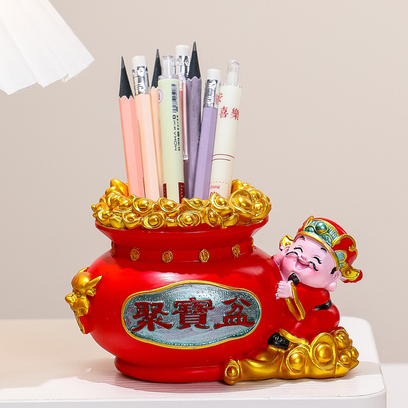 新年财神爷笔筒树脂工艺品创意聚宝盆办公室桌面多功能收纳装饰品|undefined