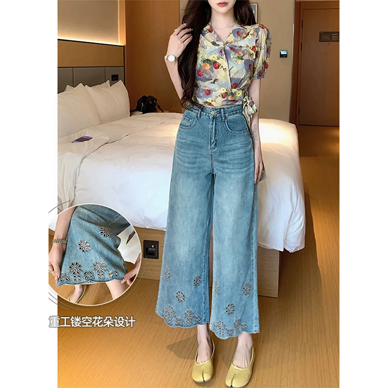 Diseño hueco grande nueve puntos jeans de verano para mujeres nuevos mm grasa suelta cintura alta delgada pantalones rectos de piernas anchas image 7